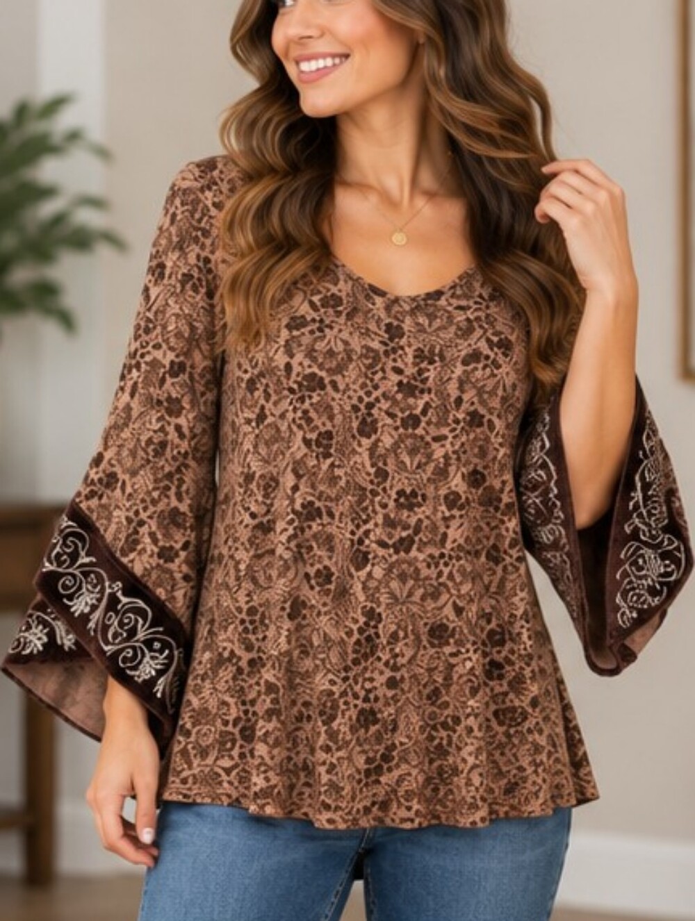 Soft Surroundings XS Floral Bell Sleeve Velvet Trim Boho Top
